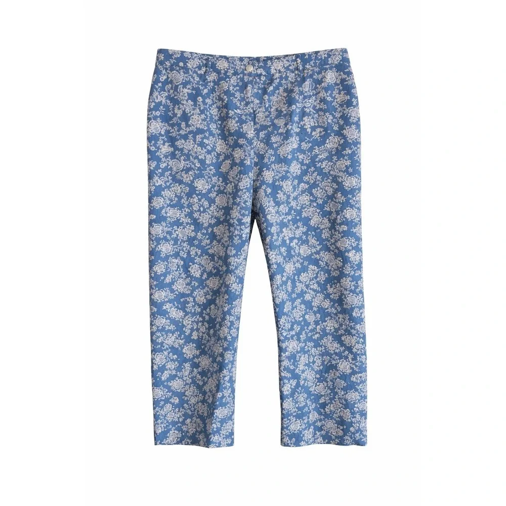 Lauren Ralph Lauren Blue Floral Cropped Pants Sz 14P Cotton Stretch